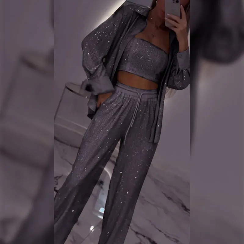 💕2025 HOT SALE💐Sequin blazer and wide trousers for women (3-piece set)