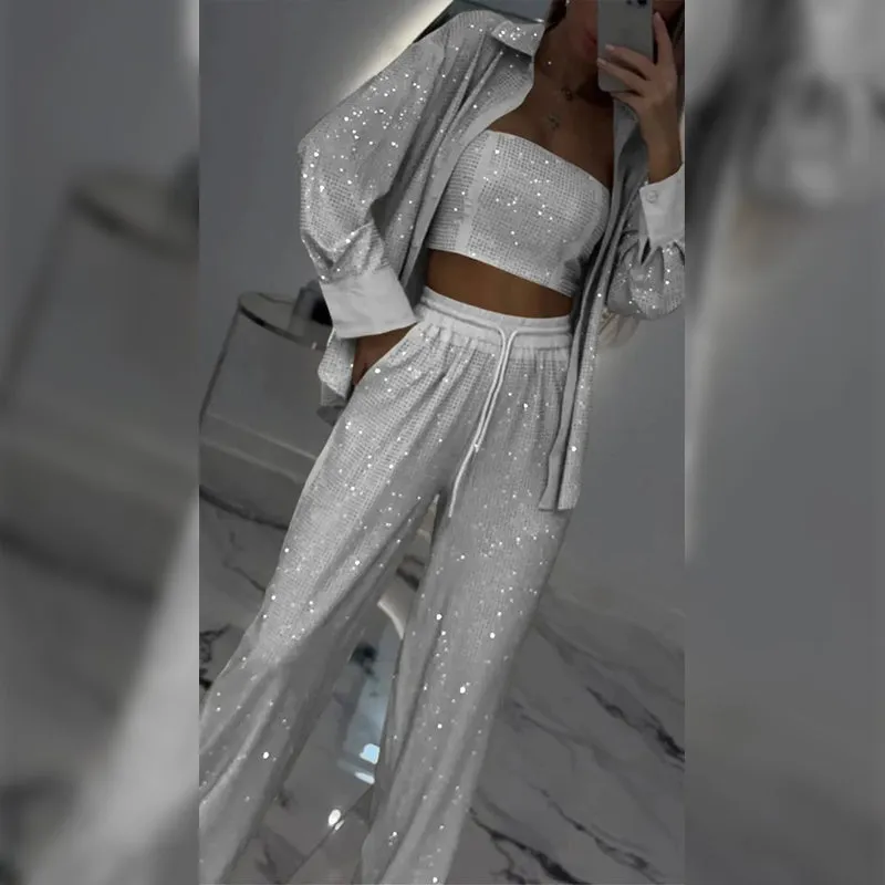 💕2025 HOT SALE💐Sequin blazer and wide trousers for women (3-piece set)