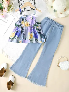 5-14Y Big Girls Clothes Floral Print Summer Straps Tops Washed Demin Pants 2Pcs Outfits Set Blue Catpapa 462302002