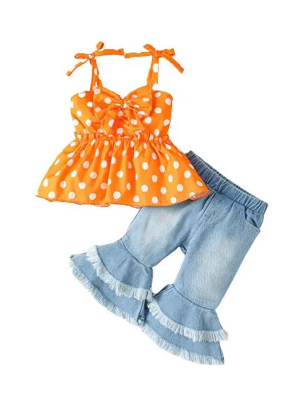 6M-3Y Girls Clothes Wave Point Print Bow Straps Summer Tops Jeans Bell-bottomed Pants 2Pcs Nice Apparel Outfits Yellow Catpapa 112210153
