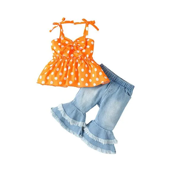 6M-3Y Girls Clothes Wave Point Print Bow Straps Summer Tops Jeans Bell-bottomed Pants 2Pcs Nice Apparel Outfits Yellow Catpapa 112210153