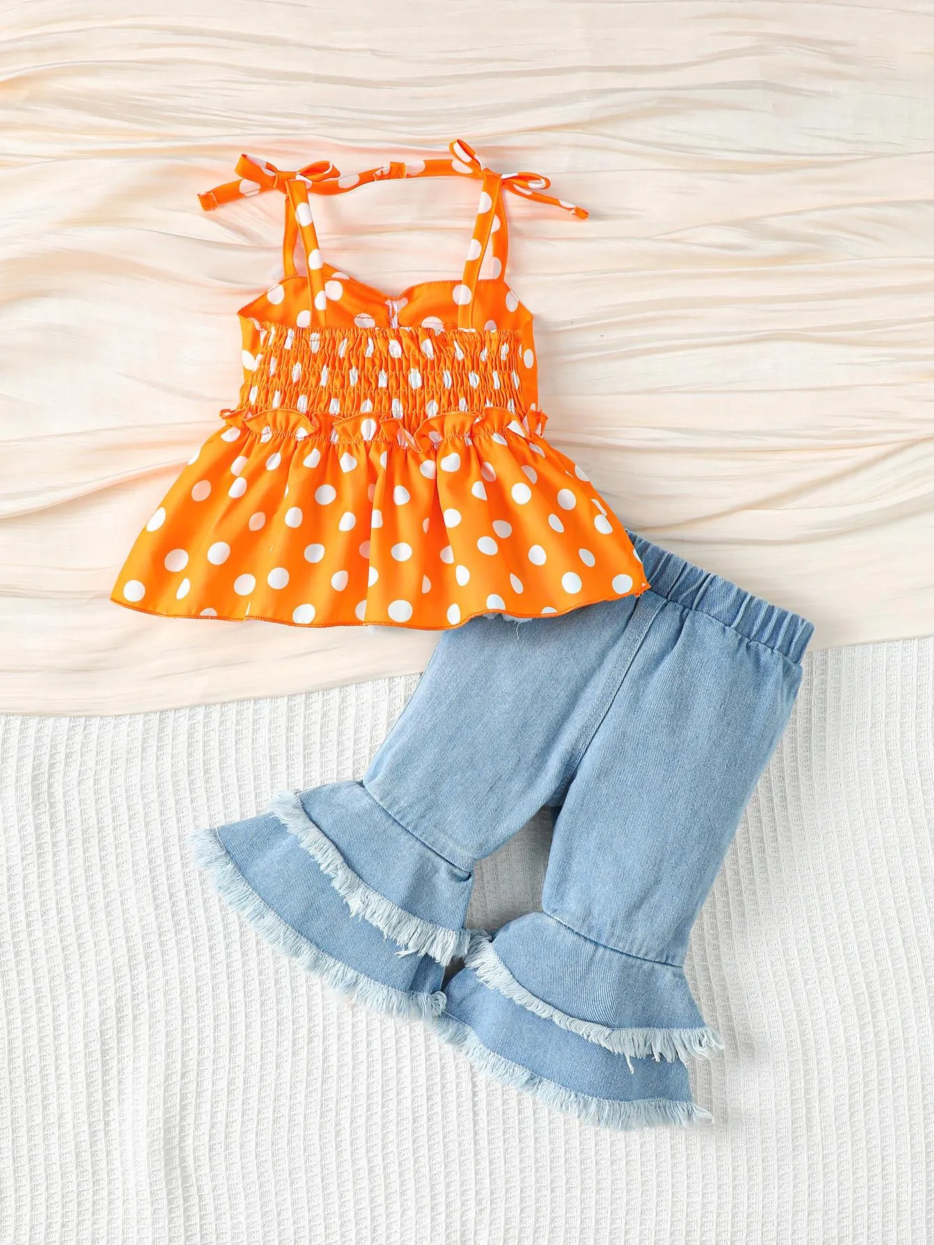 6M-3Y Girls Clothes Wave Point Print Bow Straps Summer Tops Jeans Bell-bottomed Pants 2Pcs Nice Apparel Outfits Yellow Catpapa 112210153