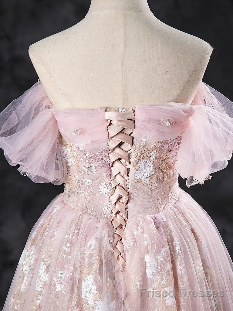 A-Line Off Shoulder Pink Long Prom Dress Sweet 16 Dress Floor Length Beautiful