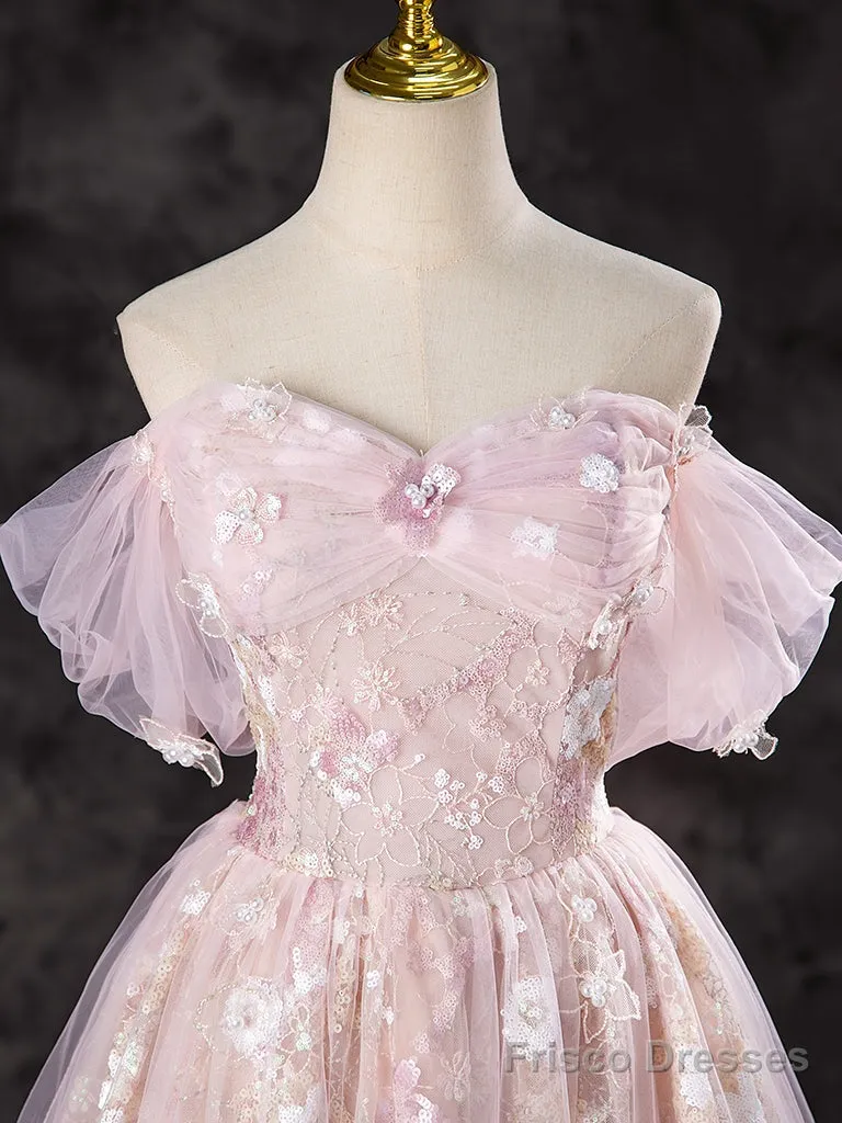 A-Line Off Shoulder Pink Long Prom Dress Sweet 16 Dress Floor Length Beautiful