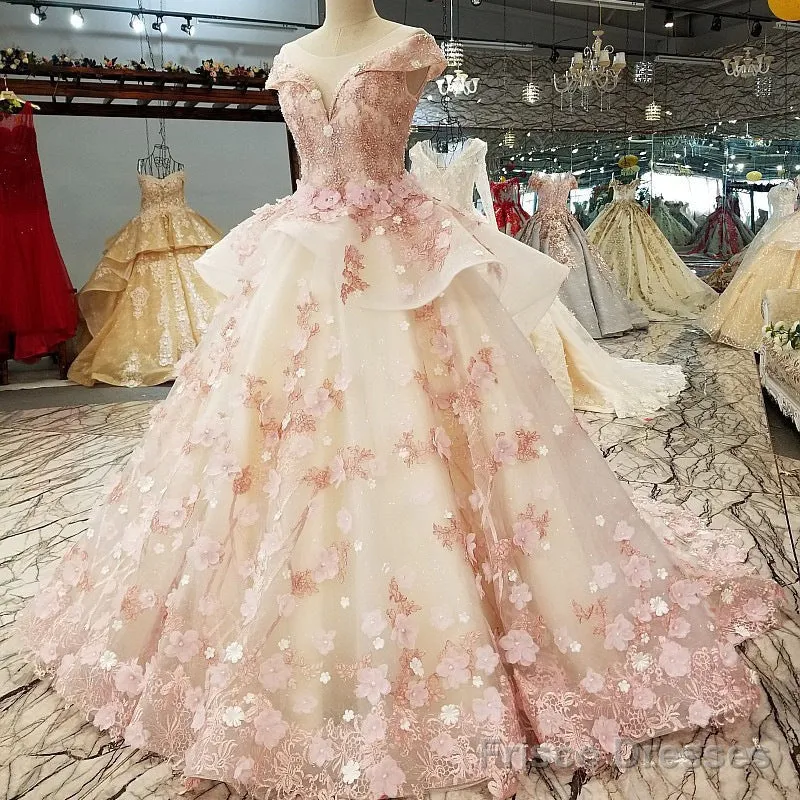 Beautiful Pink Tulle With Flowers And Beaded Long Party Dress, Pink Sweet 16 Gown
