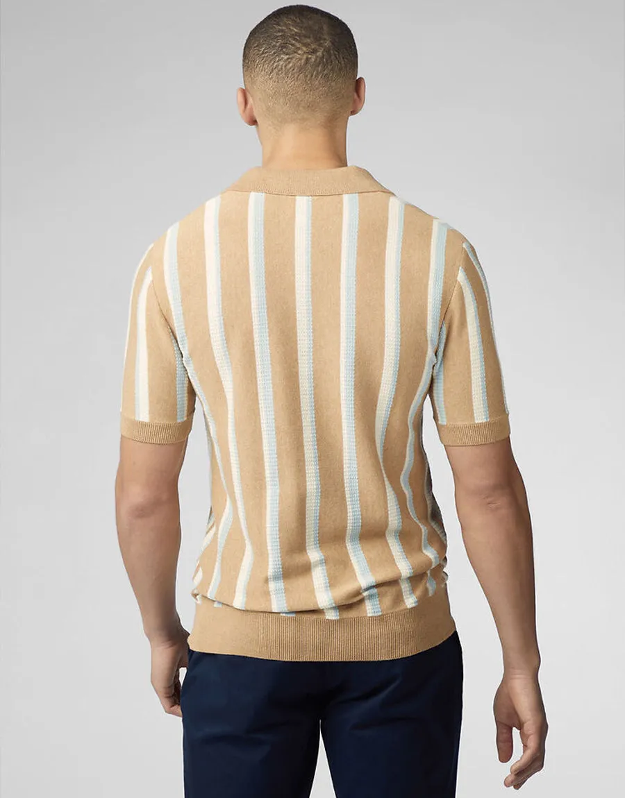 Ben Sherman Vertical Stripe Open Neck Stone Polo
