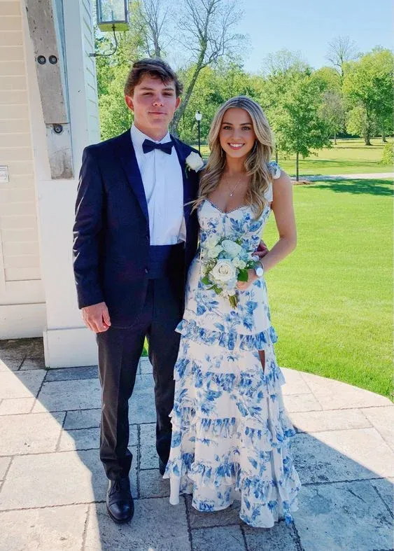 Elegant Formal Wear Dresses Blue Floral A Line Layered Long Prom Dress Sweet Formal Party Dress
