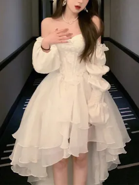 Getadme Elegant Ruffles Chic Fairy Dress Women White Sweet Korean Style Princess Dress Female Summer Slash Neck Casual Party Dress