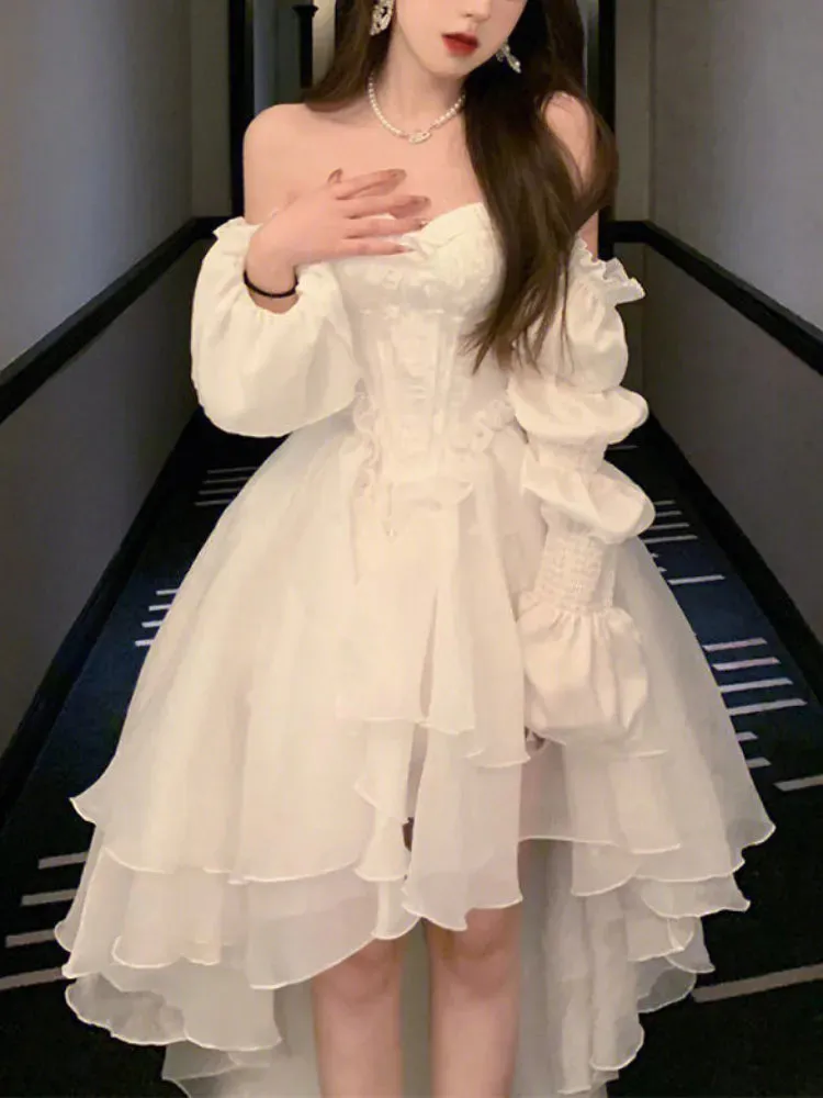 Getadme Elegant Ruffles Chic Fairy Dress Women White Sweet Korean Style Princess Dress Female Summer Slash Neck Casual Party Dress