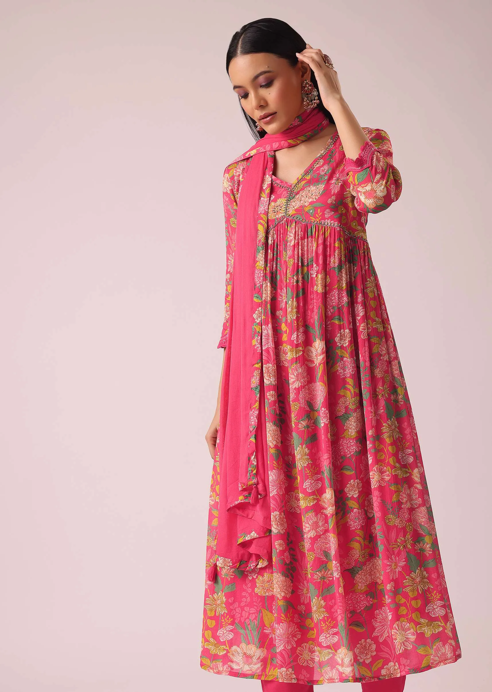 Hot Pink Floral Print Anarkali Set with Sequin Embellishments
