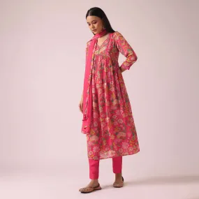 Hot Pink Floral Print Anarkali Set with Sequin Embellishments
