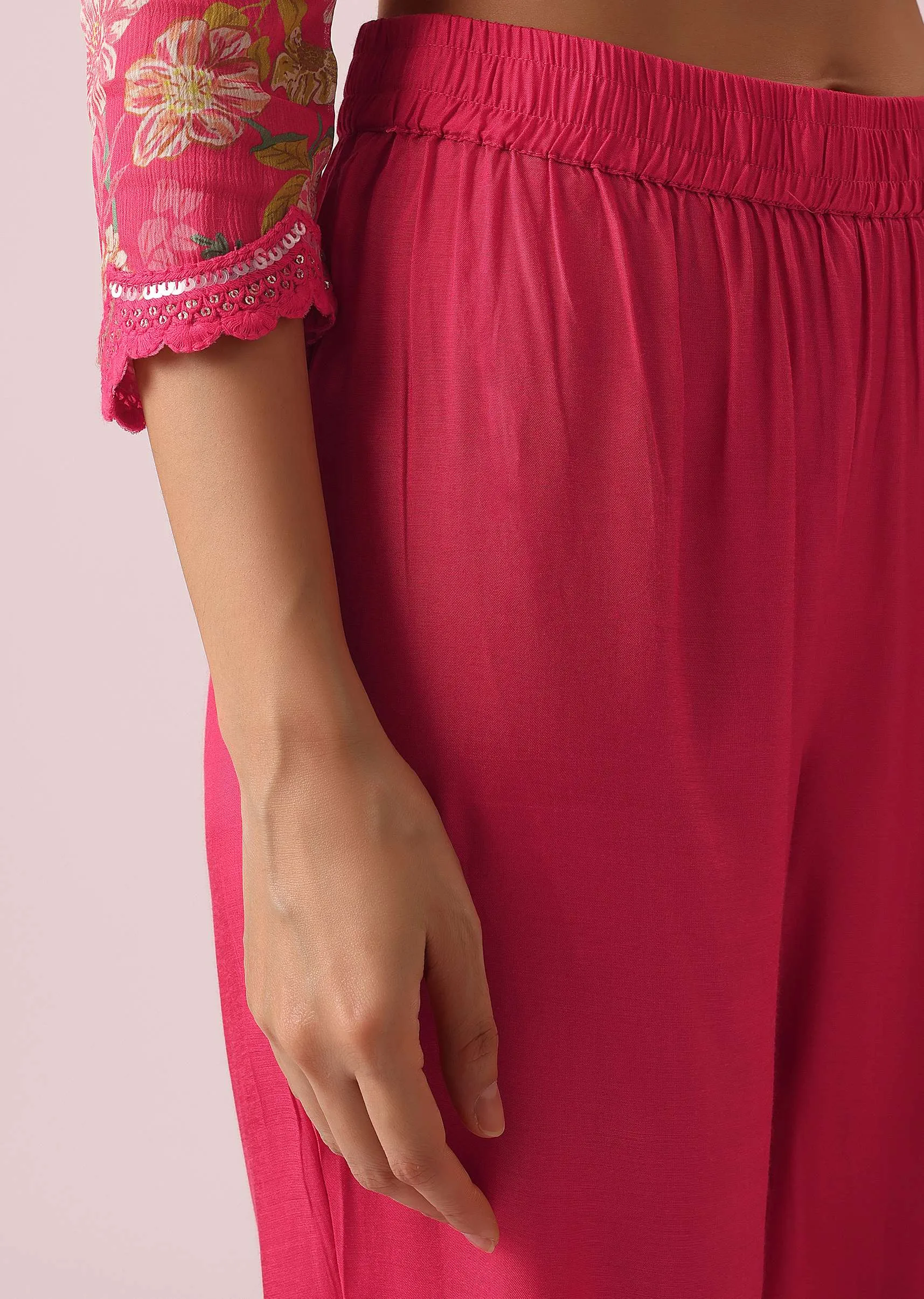 Hot Pink Floral Print Anarkali Set with Sequin Embellishments