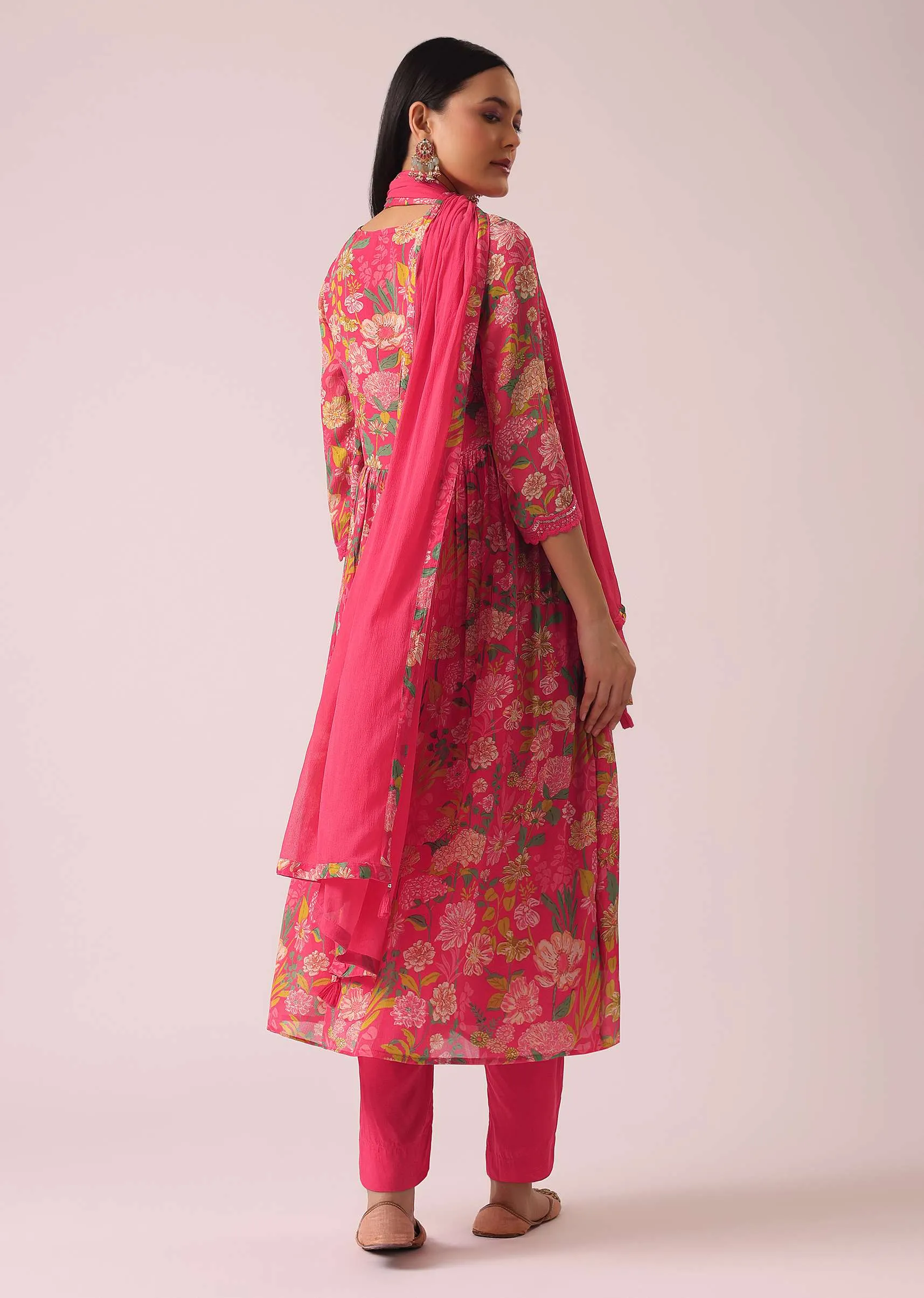 Hot Pink Floral Print Anarkali Set with Sequin Embellishments