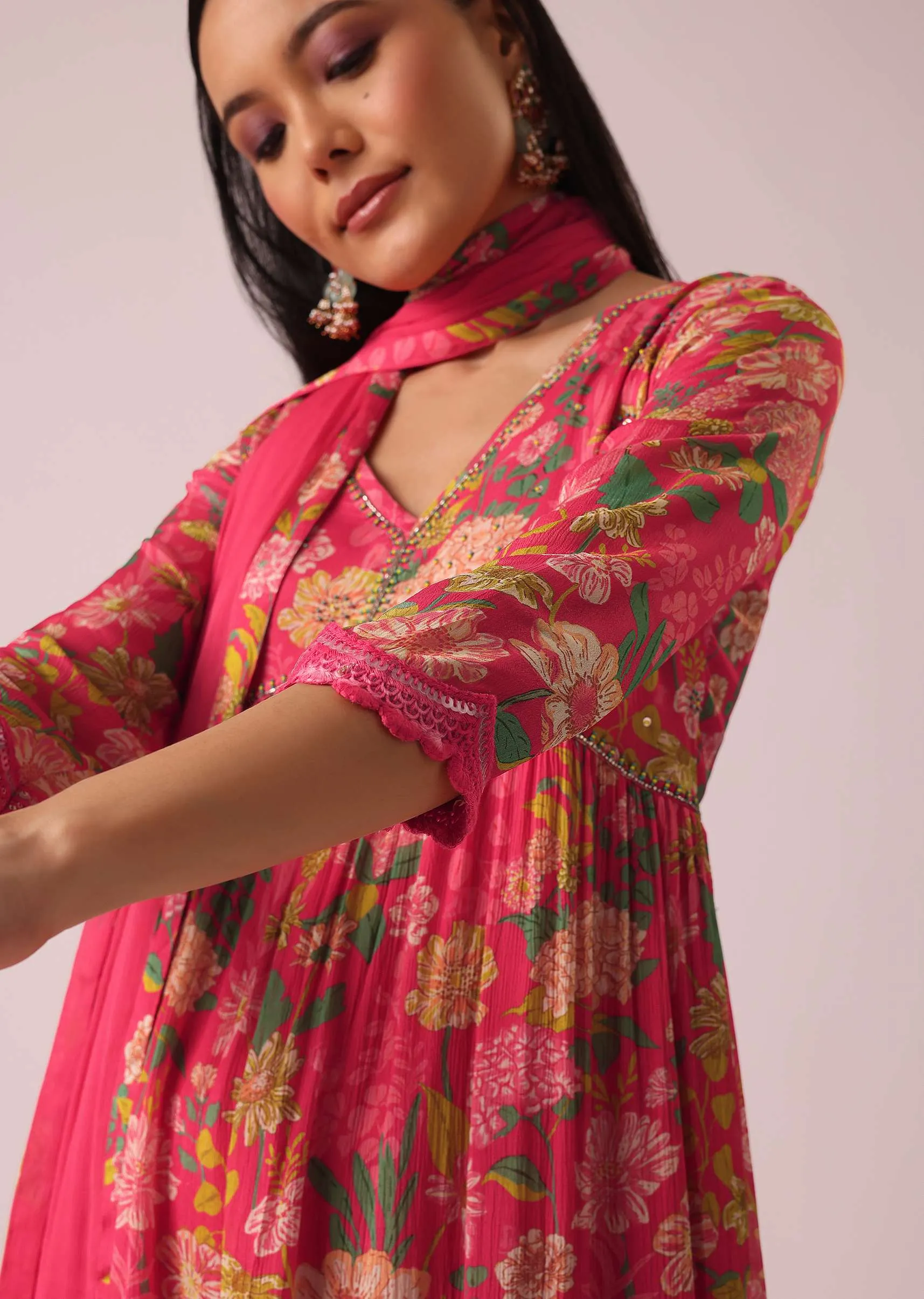 Hot Pink Floral Print Anarkali Set with Sequin Embellishments