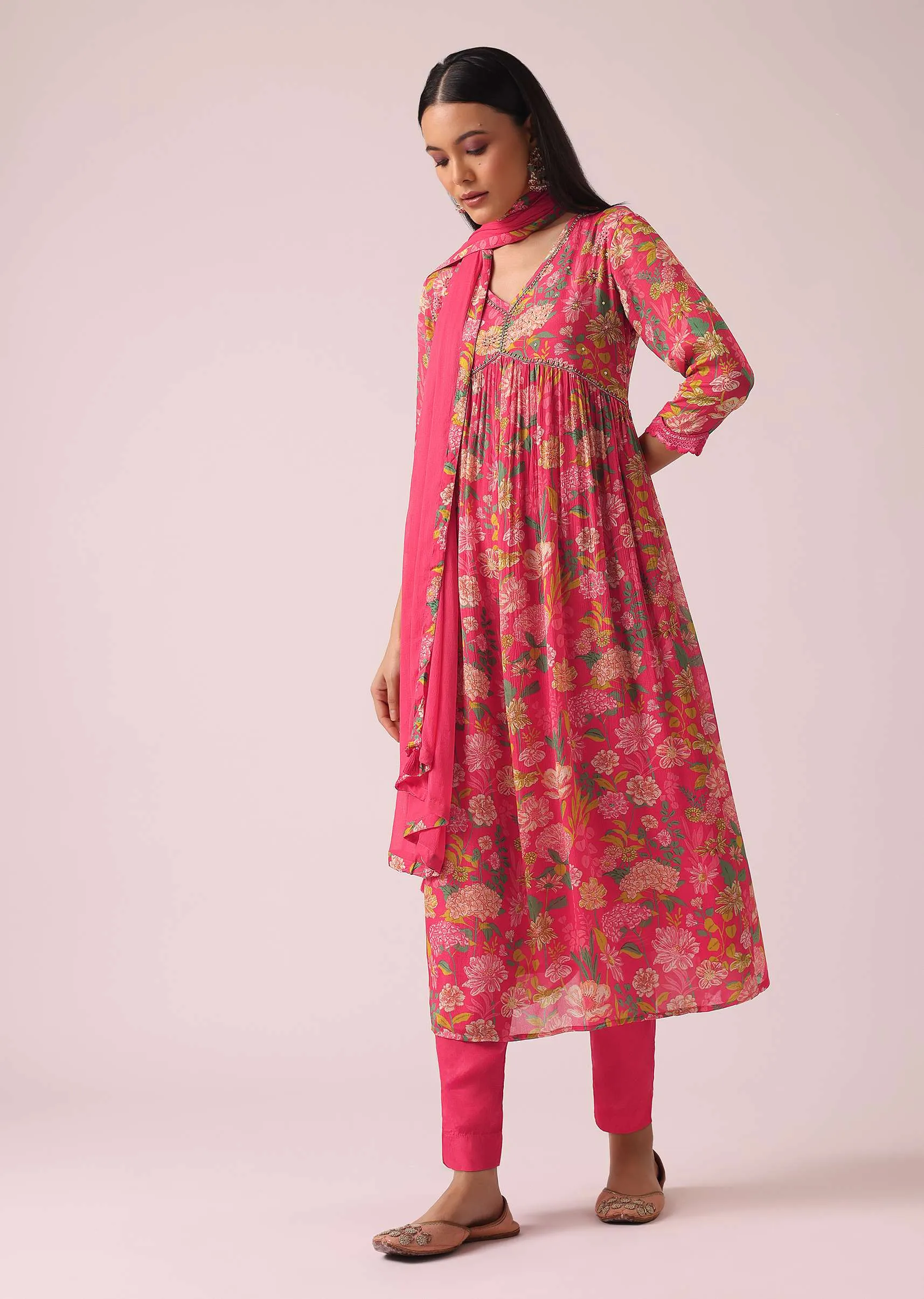Hot Pink Floral Print Anarkali Set with Sequin Embellishments