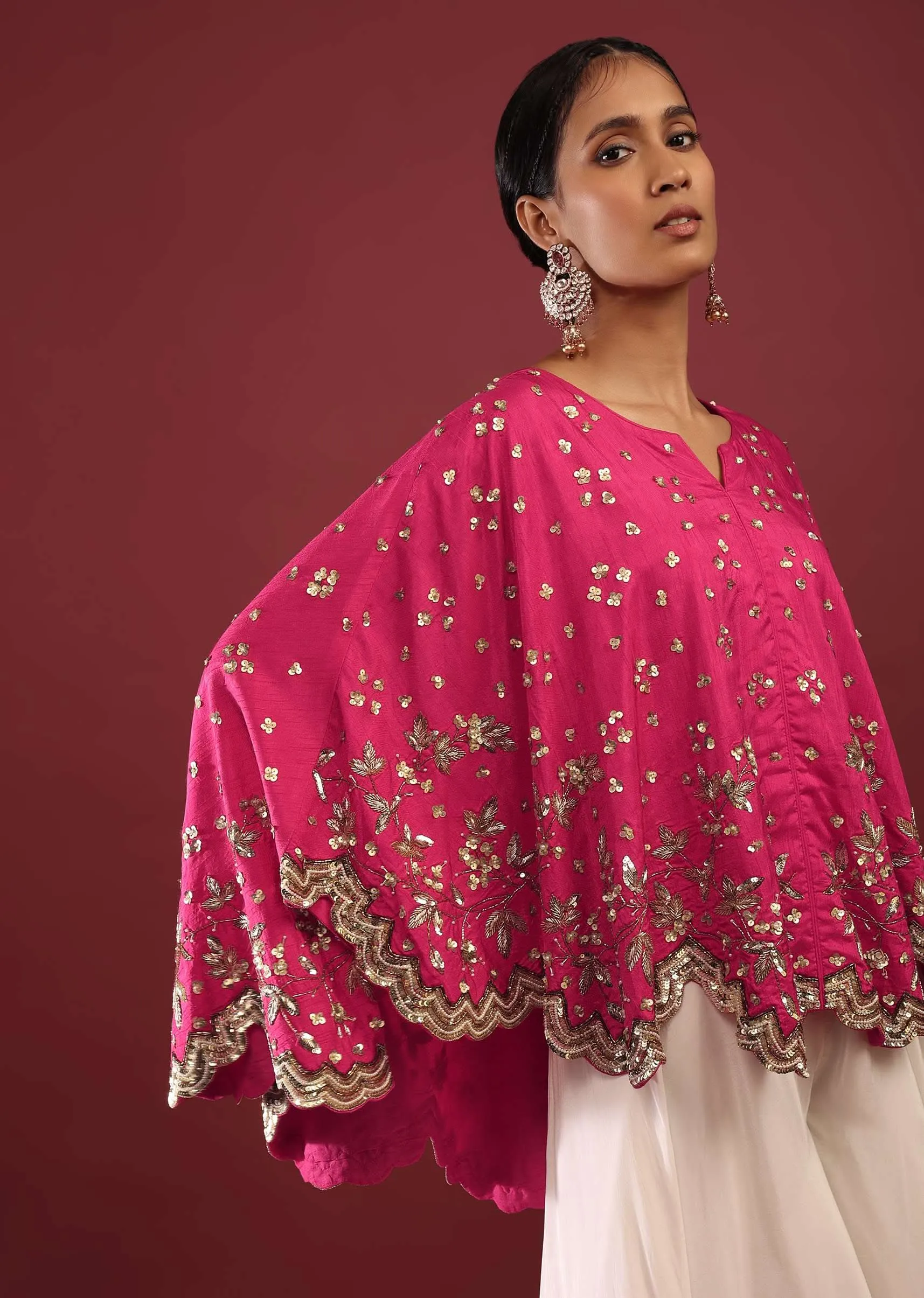 Hot Pink High Low Cape And White Palazzo Suit With Sequins And Zardosi Flowers