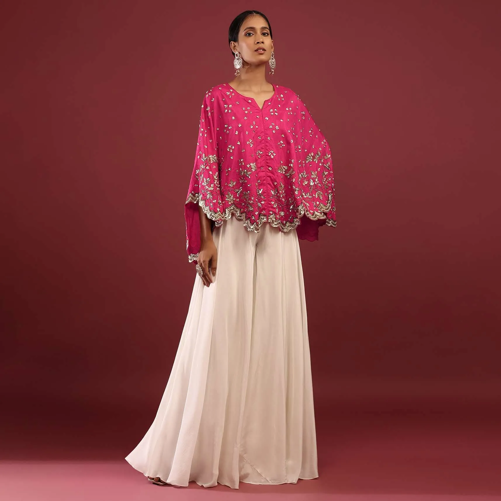 Hot Pink High Low Cape And White Palazzo Suit With Sequins And Zardosi Flowers