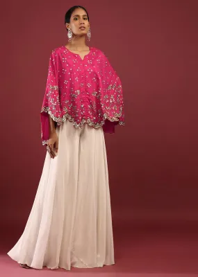 Hot Pink High Low Cape And White Palazzo Suit With Sequins And Zardosi Flowers