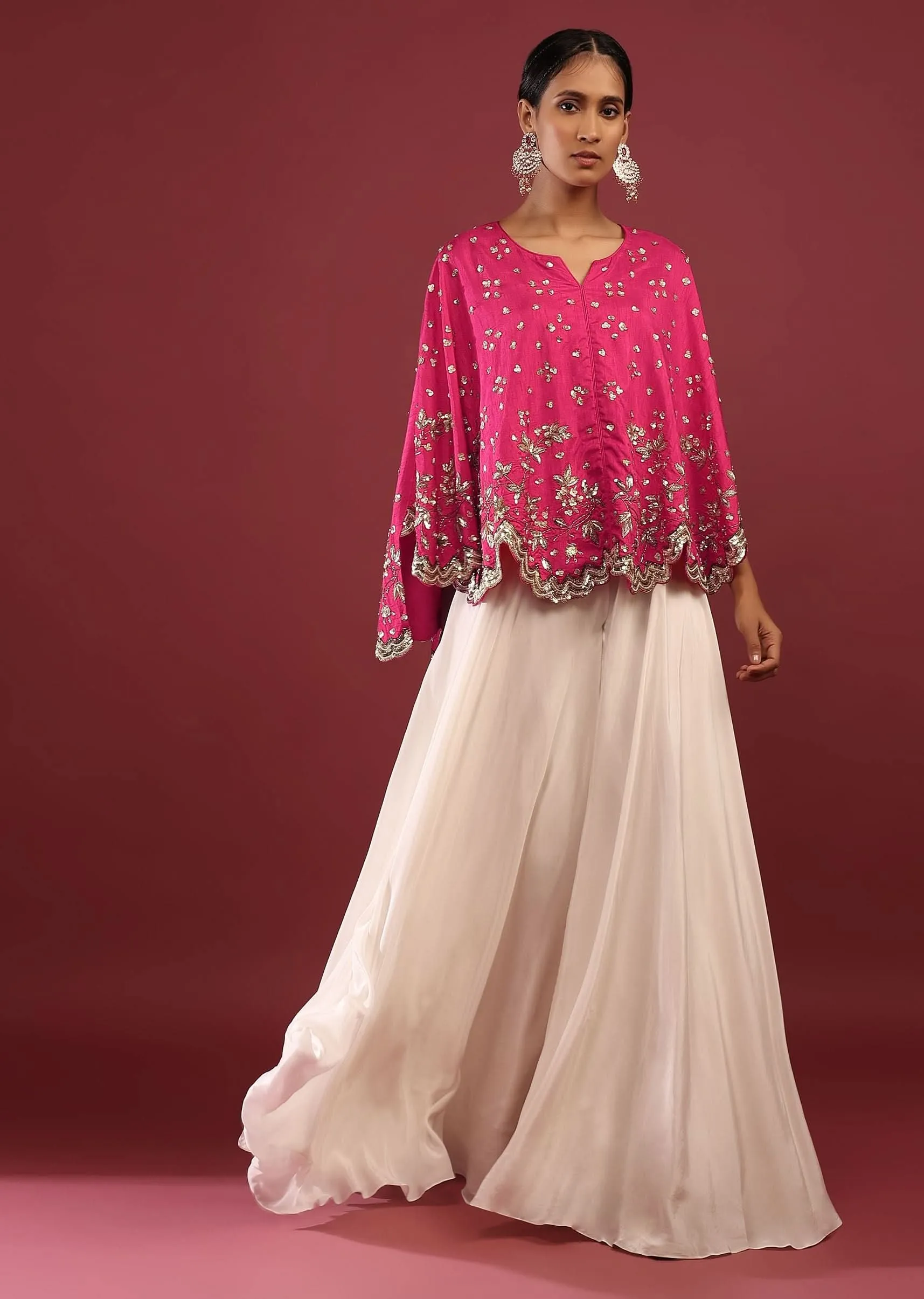 Hot Pink High Low Cape And White Palazzo Suit With Sequins And Zardosi Flowers