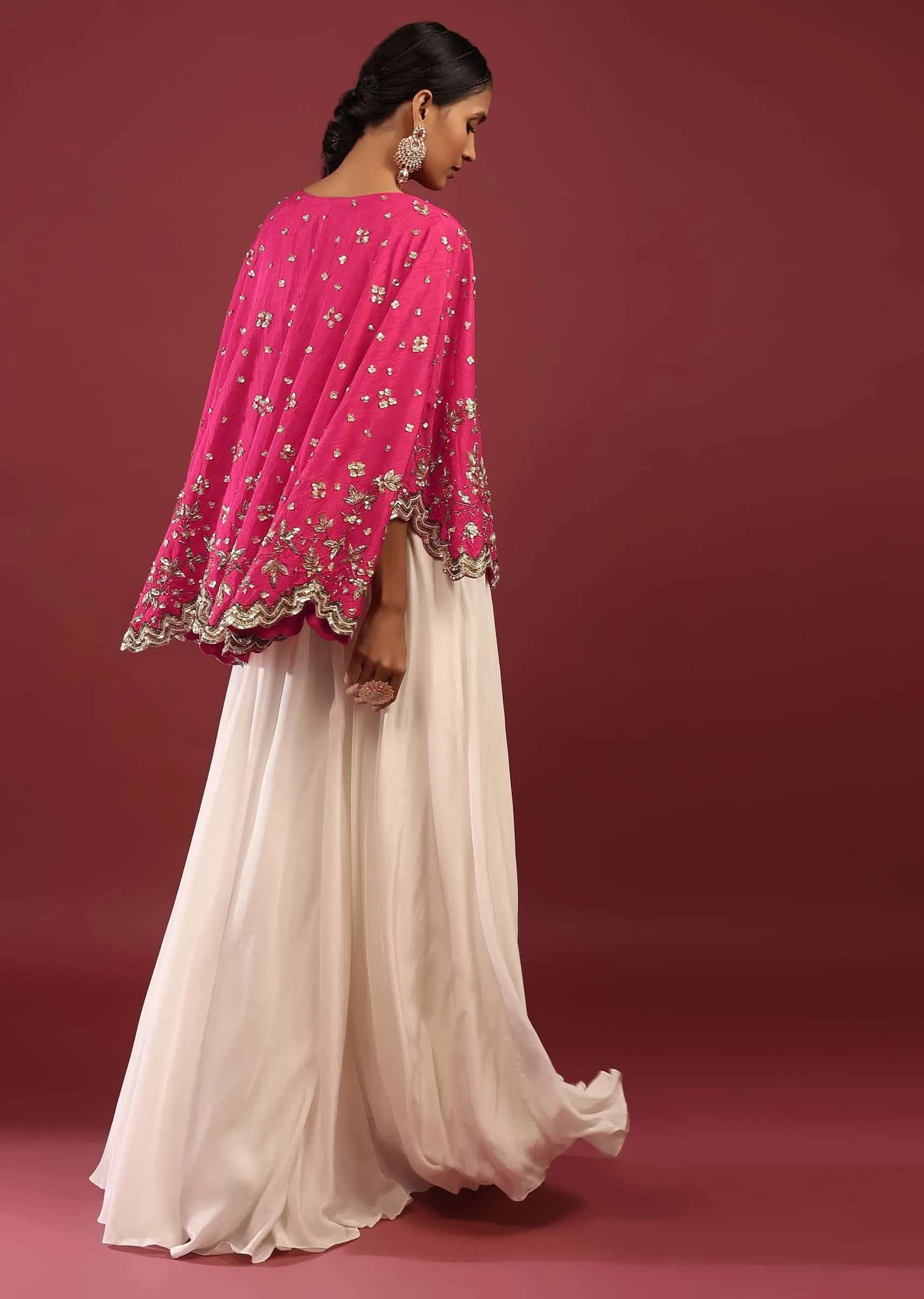 Hot Pink High Low Cape And White Palazzo Suit With Sequins And Zardosi Flowers