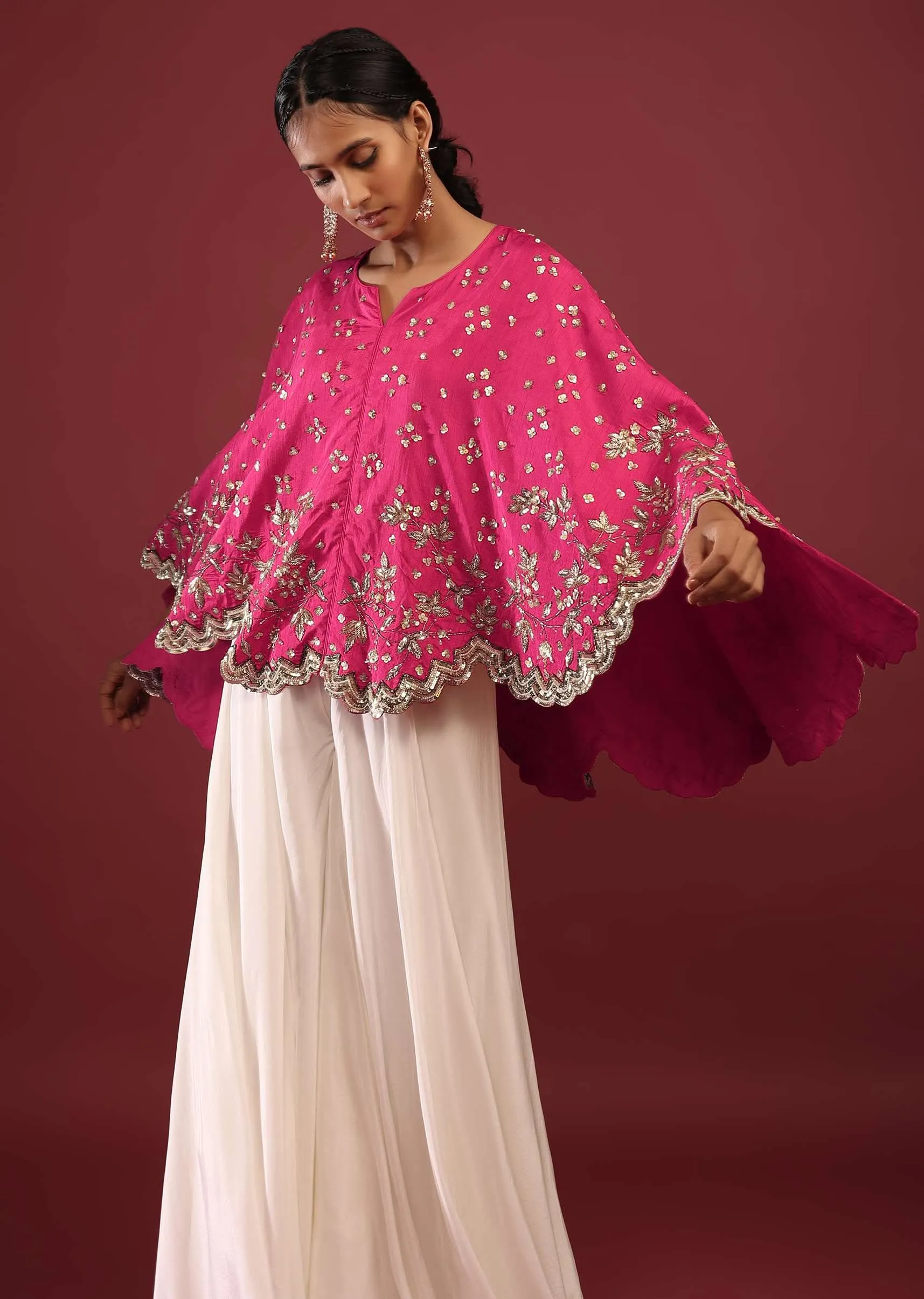 Hot Pink High Low Cape And White Palazzo Suit With Sequins And Zardosi Flowers