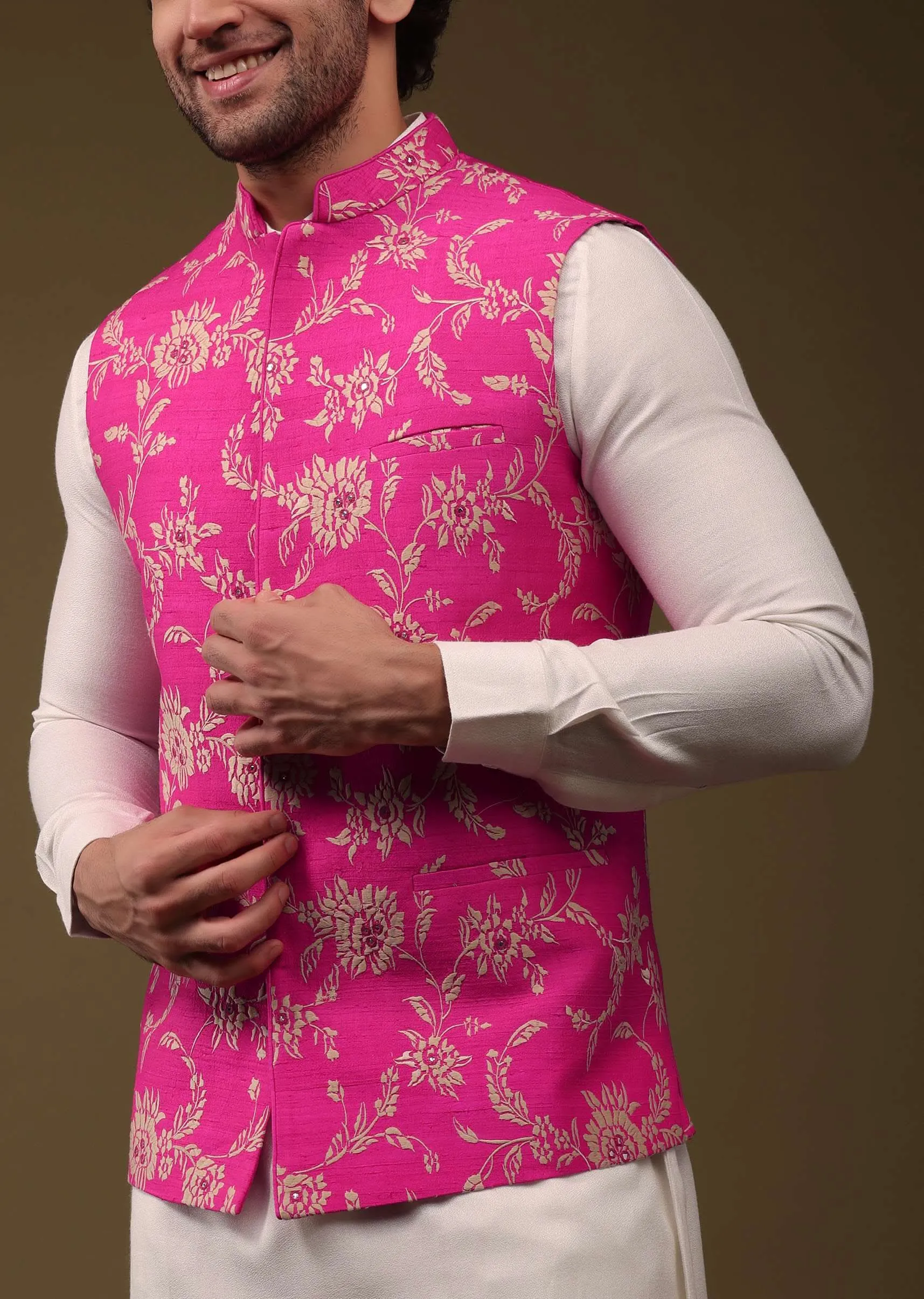 Hot Pink Jacket Kurta Set In Silk With Threadwork And High-Low Kurta