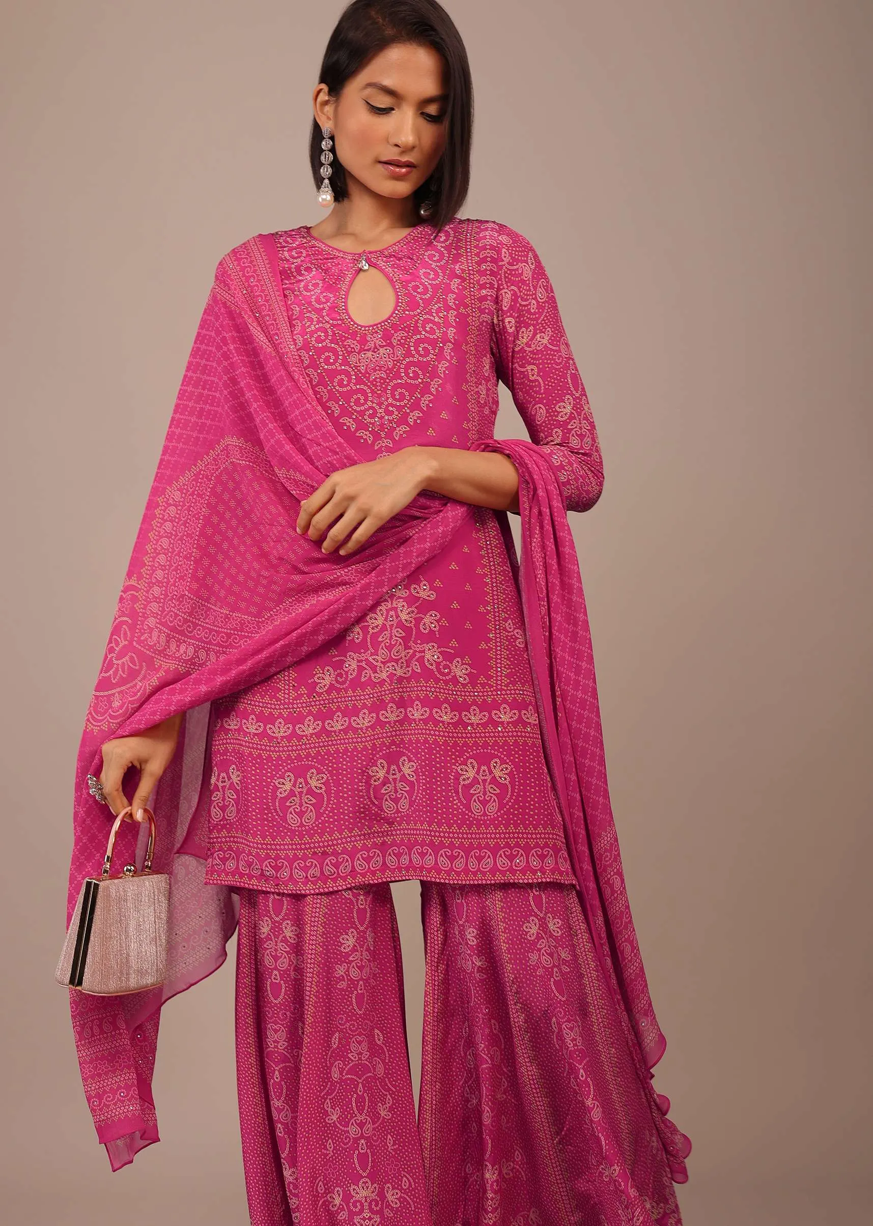 Hot Pink Printed Sharara Suit With Stone Work In Crepe