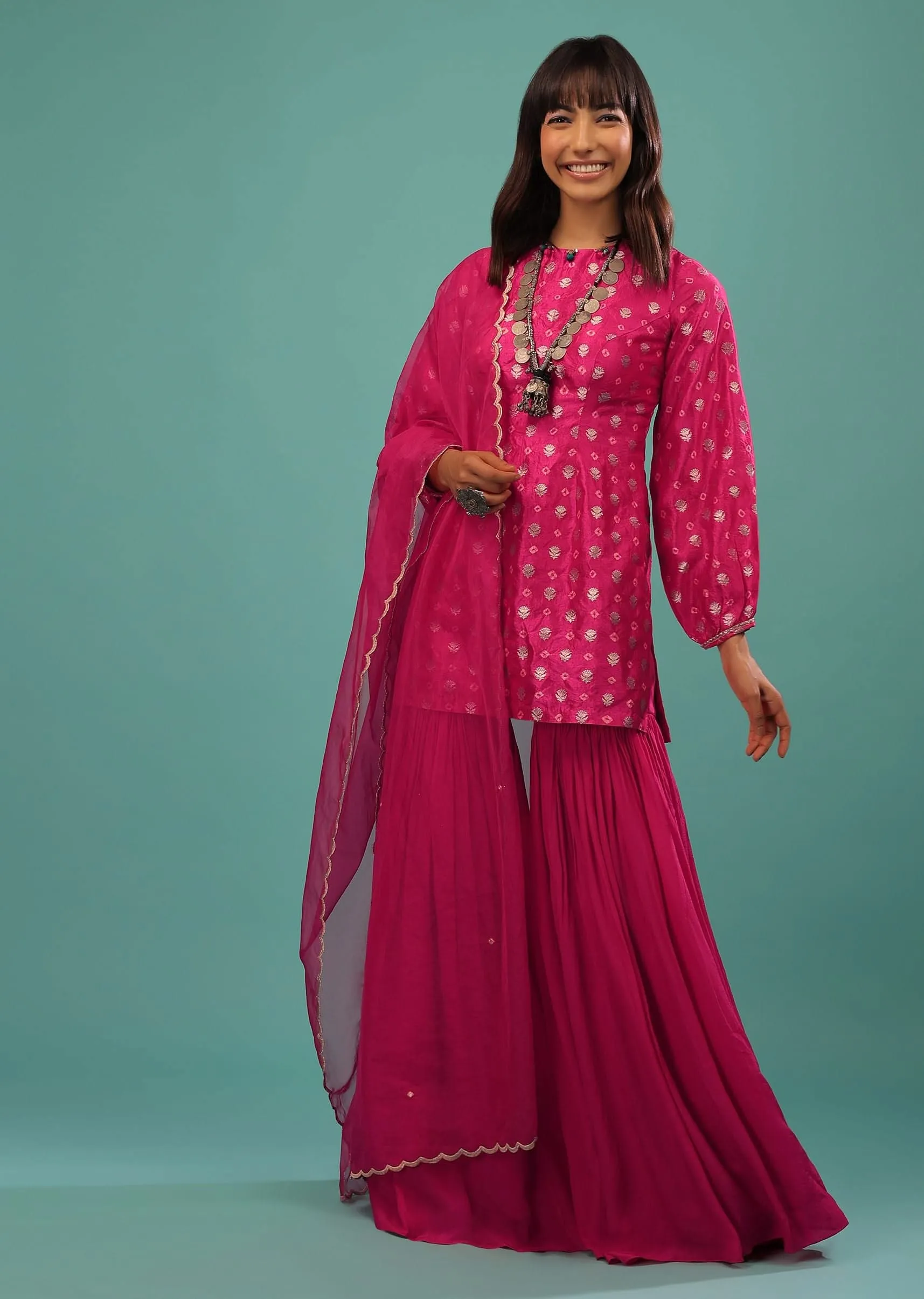 Hot Pink Sharara Suit In With Brocade Buttis And Bandhani Print