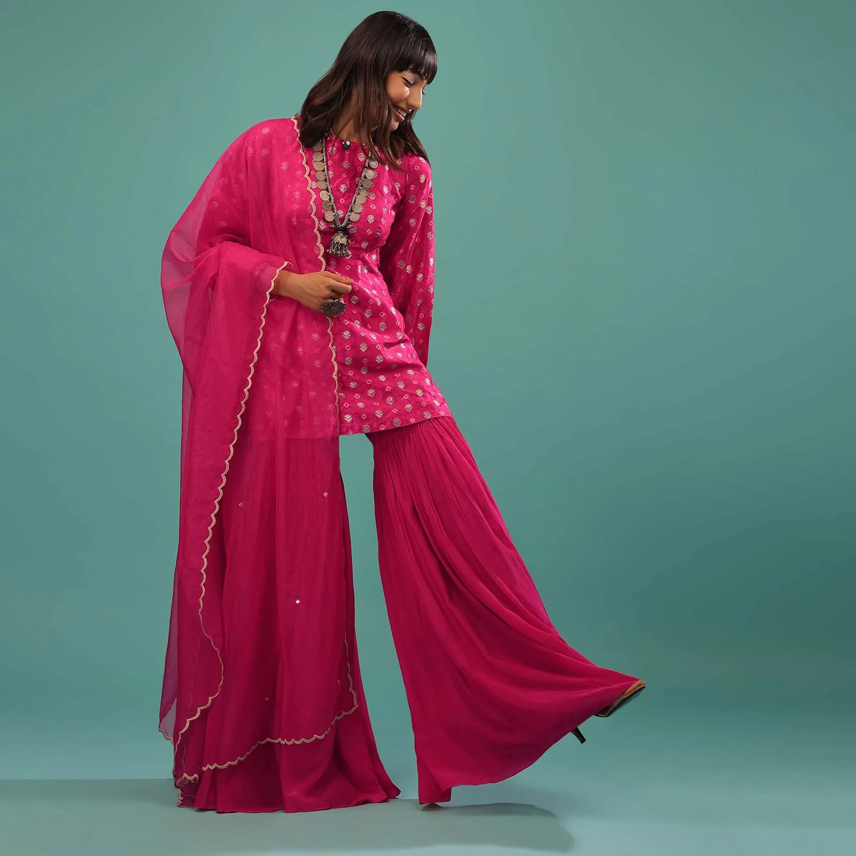 Hot Pink Sharara Suit In With Brocade Buttis And Bandhani Print