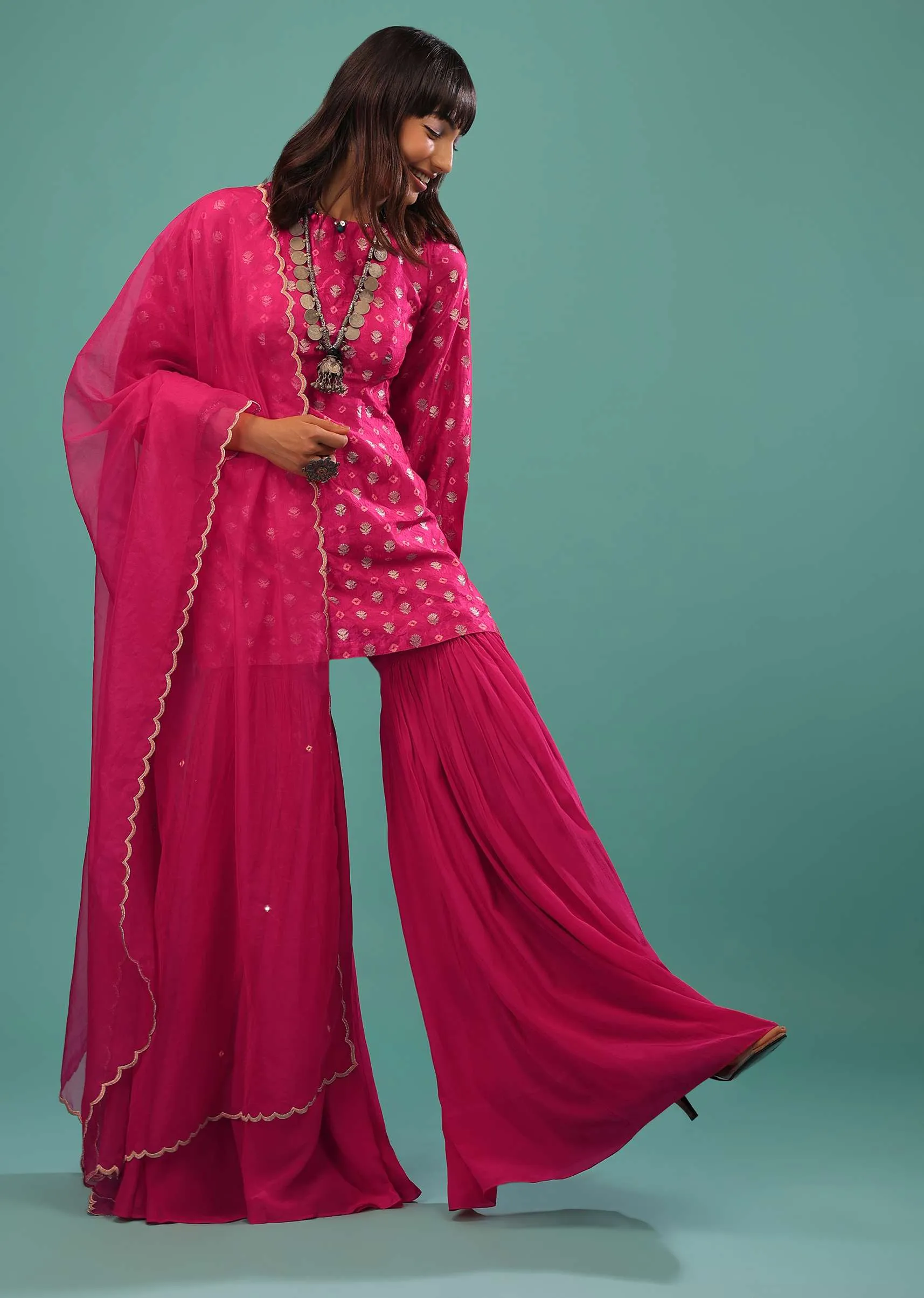 Hot Pink Sharara Suit In With Brocade Buttis And Bandhani Print