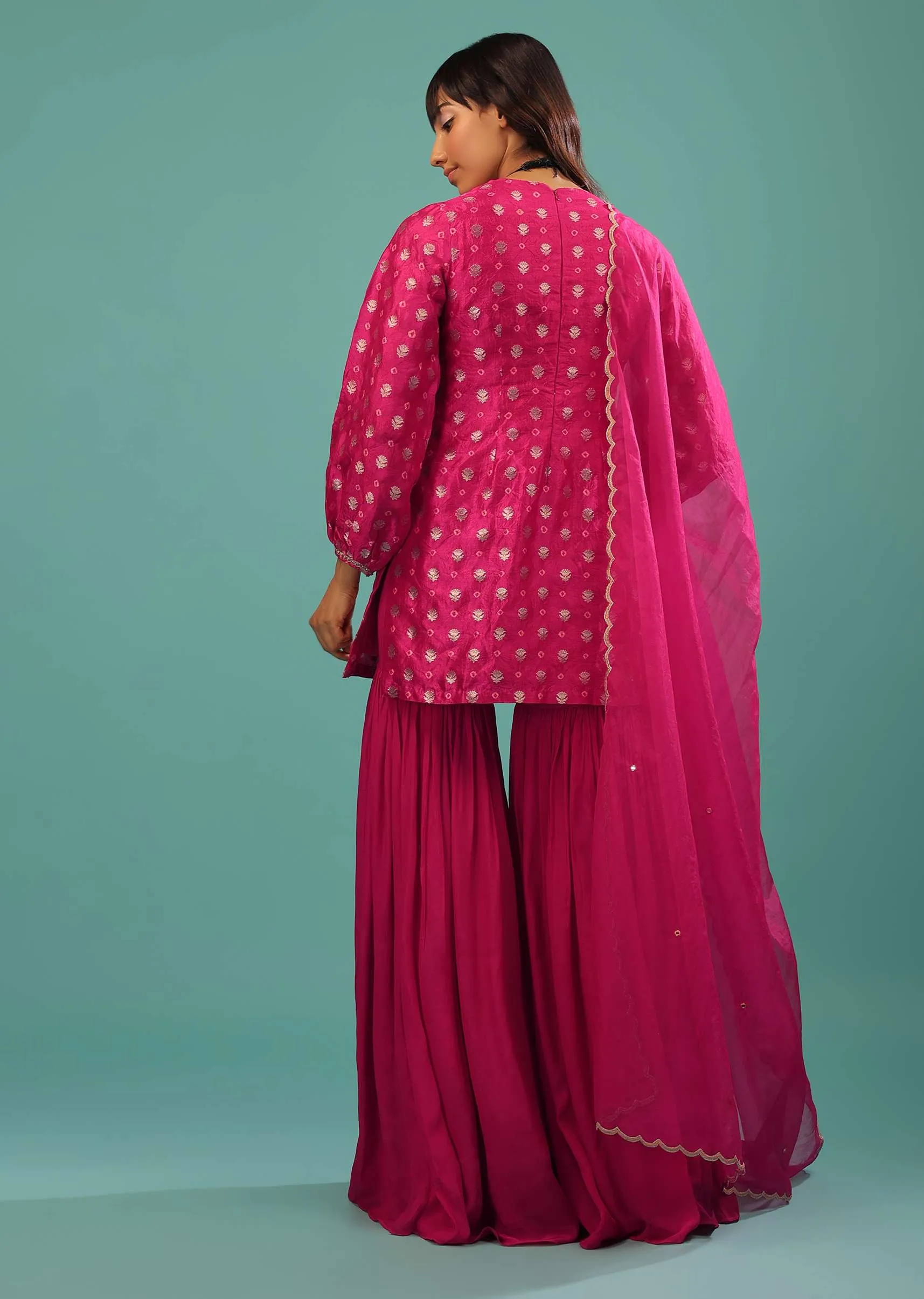 Hot Pink Sharara Suit In With Brocade Buttis And Bandhani Print