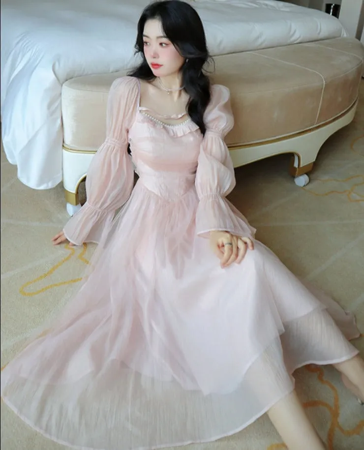 Hulianfu Elegant Evening Party Midi Dress Women Bubble Sleeve French Vintage Sweet Dress Female Pink Korean Style Fairy Dress Autumn