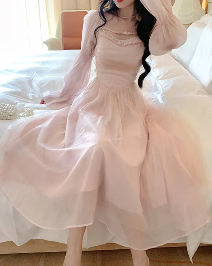 Hulianfu Elegant Evening Party Midi Dress Women Bubble Sleeve French Vintage Sweet Dress Female Pink Korean Style Fairy Dress Autumn