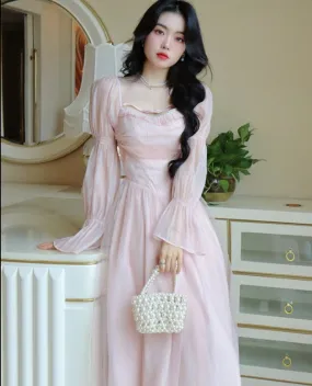 Hulianfu Elegant Evening Party Midi Dress Women Bubble Sleeve French Vintage Sweet Dress Female Pink Korean Style Fairy Dress Autumn