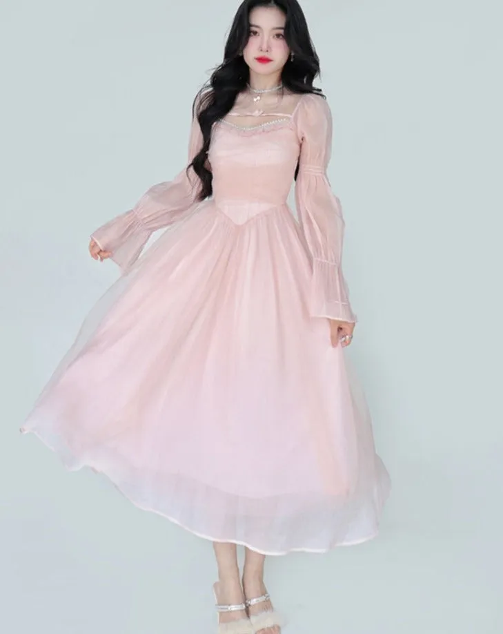 Hulianfu Elegant Evening Party Midi Dress Women Bubble Sleeve French Vintage Sweet Dress Female Pink Korean Style Fairy Dress Autumn