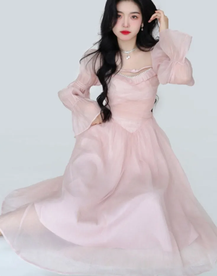 Hulianfu Elegant Evening Party Midi Dress Women Bubble Sleeve French Vintage Sweet Dress Female Pink Korean Style Fairy Dress Autumn