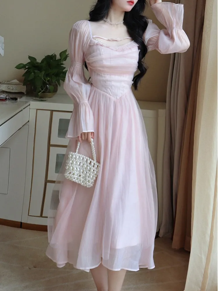 Hulianfu Elegant Evening Party Midi Dress Women Bubble Sleeve French Vintage Sweet Dress Female Pink Korean Style Fairy Dress Autumn