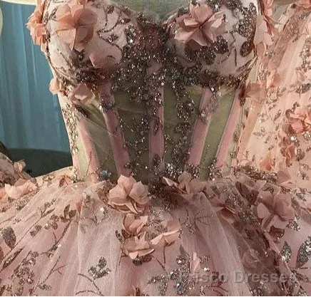 Princess Sparkly Sweetheart Prom Dresses with 3d Flowers, Pink Quinceanera Dresses