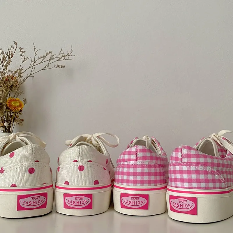 Ulzzang Style Pink Sakura Polka Dot Canvas Shoes