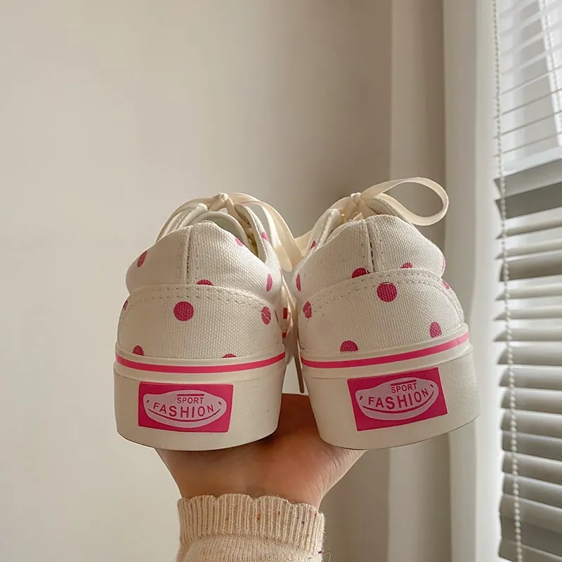 Ulzzang Style Pink Sakura Polka Dot Canvas Shoes