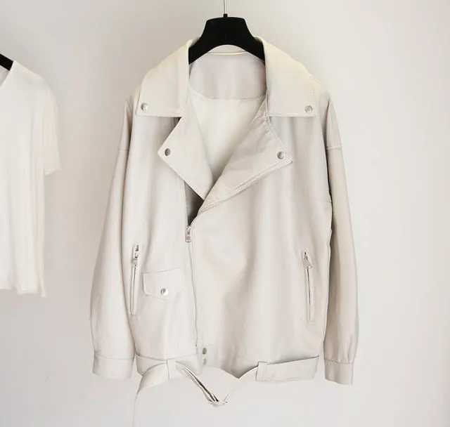 Women Leather Jacket with Belt | White Leather Jacket | Biker Jackets For Women | Faux Leather Jacket | Leather Coat | Moto Style Jackets